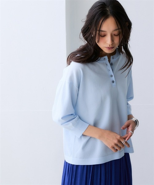 nissen(ニッセン)の「さらっとかるい綿混ヘンリーネック7分袖ニットトップス【接触冷感・毛玉になりにくい・洗濯機で洗える・UVカット】(ニット/セーター・レディース・ブラック/ホワイト×ブラック/サックスブルー/グレー/モカ・S/M/L/LL/3L)」の17枚目の写真
