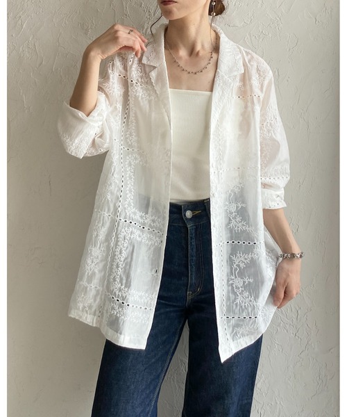 セール】花柄 パッチワーク風 刺繍レース 長袖 テーラード シアー