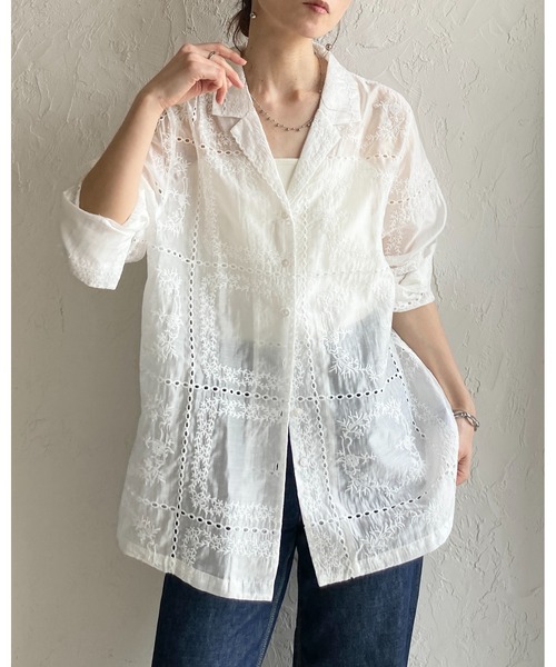 She's Closet(シーズクローゼット)の「花柄 パッチワーク風 刺繍レース 長袖 テーラード シアー シャツ ジャケット(テーラードジャケット・レディース・ブラック/オフホワイト・FREE)」の9枚目の写真