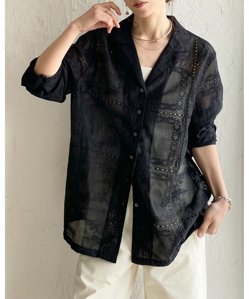 She's Closet(シーズクローゼット)の「花柄 パッチワーク風 刺繍レース 長袖 テーラード シアー シャツ ジャケット(テーラードジャケット・レディース・ブラック/オフホワイト・FREE)」の11枚目の写真