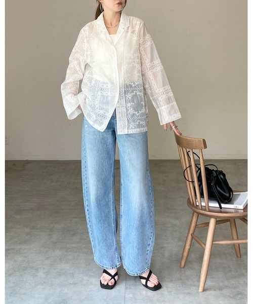 She's Closet(シーズクローゼット)の「花柄 パッチワーク風 刺繍レース 長袖 テーラード シアー シャツ ジャケット(テーラードジャケット・レディース・ブラック/オフホワイト・FREE)」の15枚目の写真