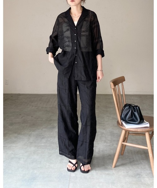 She's Closet(シーズクローゼット)の「花柄 パッチワーク風 刺繍レース 長袖 テーラード シアー シャツ ジャケット(テーラードジャケット・レディース・ブラック/オフホワイト・FREE)」の18枚目の写真