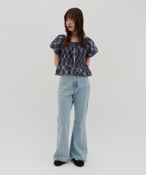 DISCOAT（ディスコート）の「【umm.】チェック柄バルーンブラウス（シャツ/ブラウス・レディース・ネイビー/サックスブルー・FREE）」の5枚目の写真