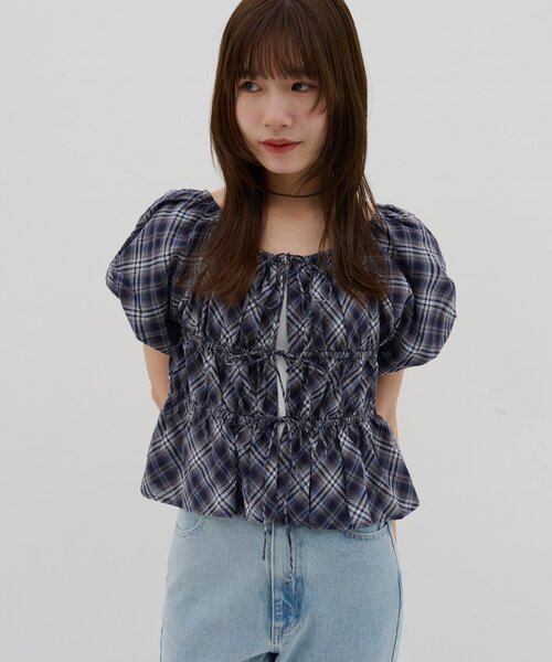 DISCOAT（ディスコート）の「【umm.】チェック柄バルーンブラウス（シャツ/ブラウス・レディース・ネイビー/サックスブルー・FREE）」の6枚目の写真