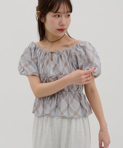 DISCOAT（ディスコート）の「【umm.】チェック柄バルーンブラウス（シャツ/ブラウス・レディース・ネイビー/サックスブルー・FREE）」の17枚目の写真