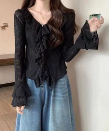 フリルデザイン フレアスリーブ レースブラウス