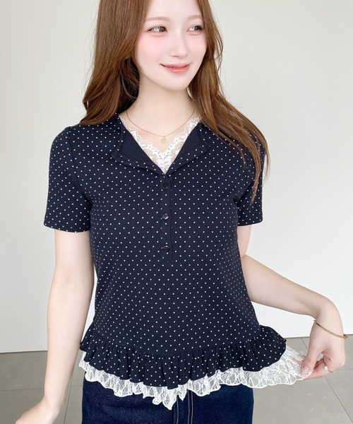 moment+(モーメントプラス)の「レースドッキングヘンリーネック半袖カットソー(Tシャツ/カットソー・レディース・杢グレー/ブルー系その他/ブラック系その他/ブラック/ネイビー/ホワイト系その他/ピンク/アイボリー/イエロー・M)」の7枚目の写真
