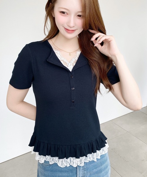 moment+(モーメントプラス)の「レースドッキングヘンリーネック半袖カットソー(Tシャツ/カットソー・レディース・杢グレー/ブルー系その他/ブラック系その他/ブラック/ネイビー/ホワイト系その他/ピンク/アイボリー/イエロー・M)」の6枚目の写真