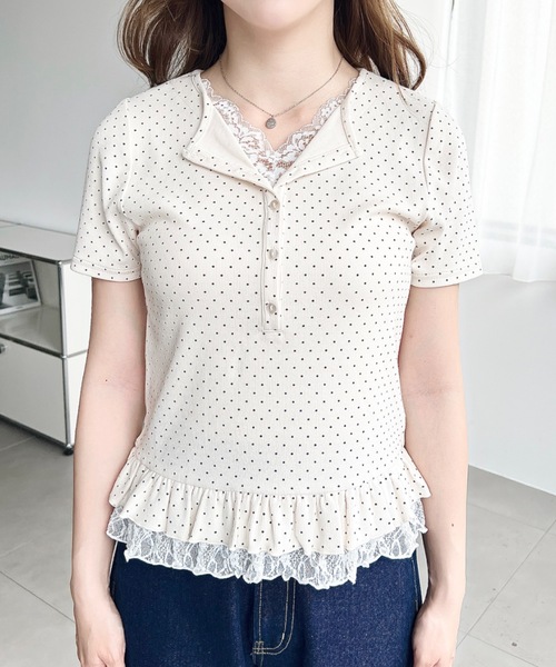 moment+(モーメントプラス)の「レースドッキングヘンリーネック半袖カットソー(Tシャツ/カットソー・レディース・杢グレー/ブルー系その他/ブラック系その他/ブラック/ネイビー/ホワイト系その他/ピンク/アイボリー/イエロー・M)」の20枚目の写真