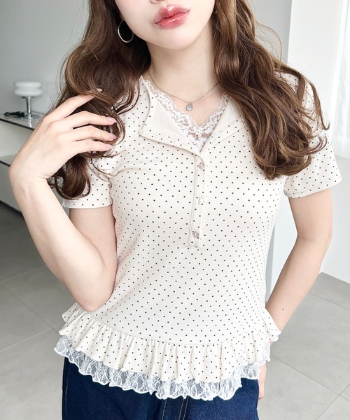 moment+(モーメントプラス)の「レースドッキングヘンリーネック半袖カットソー(Tシャツ/カットソー・レディース・杢グレー/ブルー系その他/ブラック系その他/ブラック/ネイビー/ホワイト系その他/ピンク/アイボリー/イエロー・M)」の15枚目の写真
