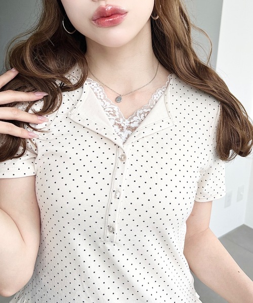 moment+(モーメントプラス)の「レースドッキングヘンリーネック半袖カットソー(Tシャツ/カットソー・レディース・杢グレー/ブルー系その他/ブラック系その他/ブラック/ネイビー/ホワイト系その他/ピンク/アイボリー/イエロー・M)」の16枚目の写真