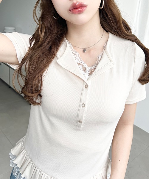 moment+(モーメントプラス)の「レースドッキングヘンリーネック半袖カットソー(Tシャツ/カットソー・レディース・杢グレー/ブルー系その他/ブラック系その他/ブラック/ネイビー/ホワイト系その他/ピンク/アイボリー/イエロー・M)」の12枚目の写真
