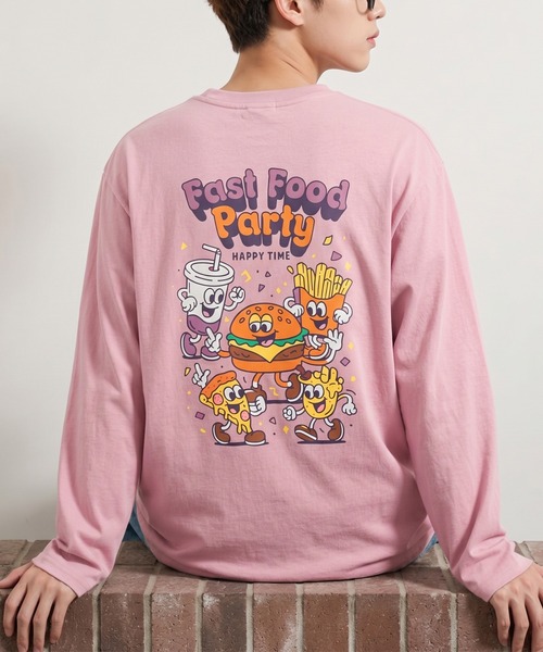 HOOK(フック)の「HOOK -original- フードキャラクター グラフィックプリント ロングスリーブTシャツ(Tシャツ/カットソー・メンズ・ピンク/ブラック・L/M/XL)」の1枚目の写真