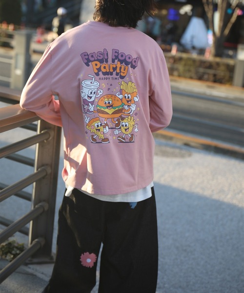 HOOK(フック)の「HOOK -original- フードキャラクター グラフィックプリント ロングスリーブTシャツ(Tシャツ/カットソー・メンズ・ピンク/ブラック・L/M/XL)」の3枚目の写真