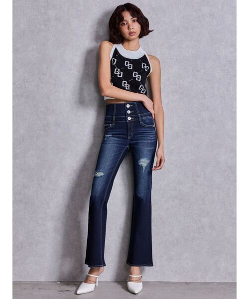 GYDA(ジェイダ)の「ハイウエストBACKクロスダメージフレアデニムパンツ(デニムパンツ・レディース・ライトブルー/インディゴブルー/ブラック・MEDIUM/X-SMALL/SMALL)」の7枚目の写真