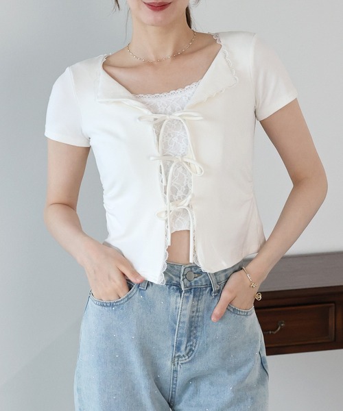 BLUEEAST(ブルーイースト)の「トリムレースリボンカットソー(Tシャツ/カットソー・レディース・ホワイト/ブルー/グレー・MEDIUM)」の5枚目の写真