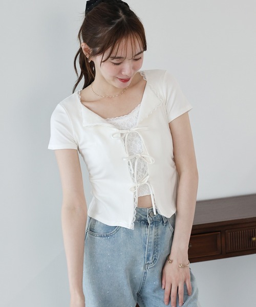 BLUEEAST(ブルーイースト)の「トリムレースリボンカットソー(Tシャツ/カットソー・レディース・ホワイト/ブルー/グレー・MEDIUM)」の4枚目の写真