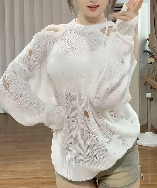 AVYL(アヴィル)の「カットアウトメッシュデザイン ルーズニット(Tシャツ/カットソー・レディース・ホワイト/ブラック・M)」の9枚目の写真