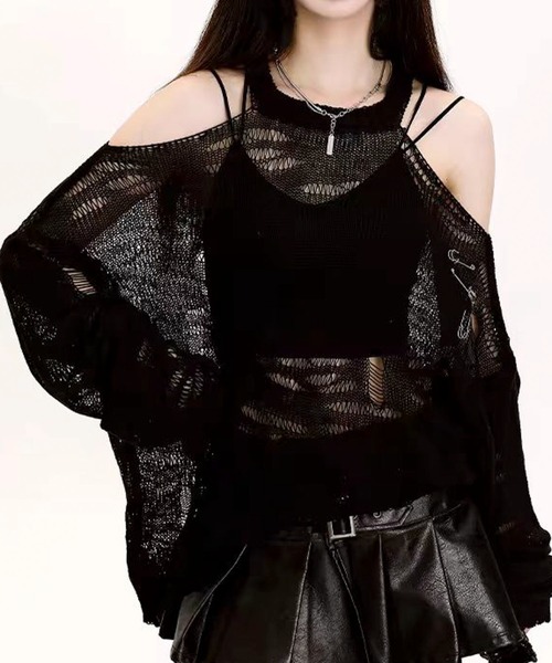 AVYL(アヴィル)の「カットアウトメッシュデザイン ルーズニット(Tシャツ/カットソー・レディース・ホワイト/ブラック・M)」の14枚目の写真