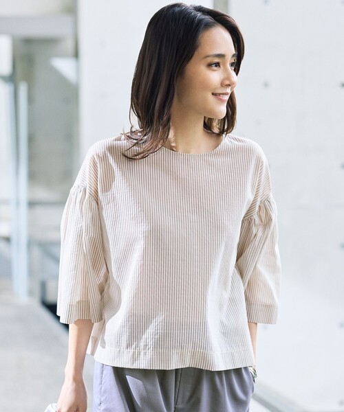 自由区(ジユウク)の「ウーブンライクジャージーランタンスリーブ トップス(Tシャツ/カットソー・レディース・サックスブルー系1/グレー系1・46/44)」の1枚目の写真