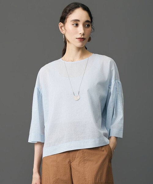 自由区(ジユウク)の「ウーブンライクジャージーランタンスリーブ トップス(Tシャツ/カットソー・レディース・サックスブルー系1/グレー系1・46/44)」の2枚目の写真