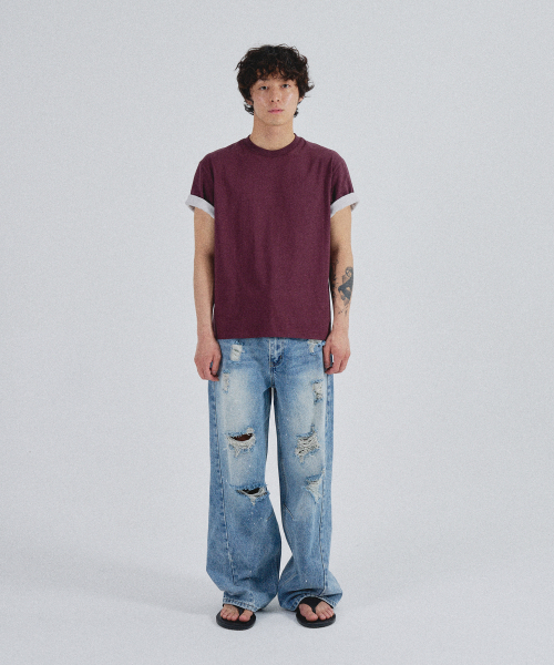SLOWACID（スローアシッド）の「SA REFINED FLIP-CUFF SEMI-CROP TEE [DARK PLUM]（Tシャツ/カットソー・レディース・その他・SMALL/MEDIUM/LARGE/X-LARGE）」の3枚目の写真