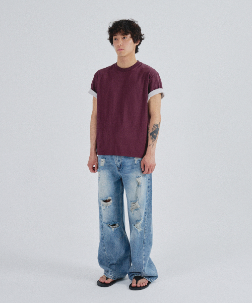 SLOWACID（スローアシッド）の「SA REFINED FLIP-CUFF SEMI-CROP TEE [DARK PLUM]（Tシャツ/カットソー・レディース・その他・SMALL/MEDIUM/LARGE/X-LARGE）」の4枚目の写真