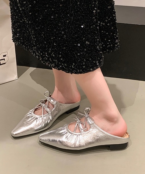 Lace Ladies（レースレディース）の「ダブルリボン ポインテッドトゥ レザー調 ミュール パンプス（サンダル・レディース・シルバー/アイボリー・23.5cm/24cm/24.5cm/25cm/22.5cm/23cm）」の9枚目の写真