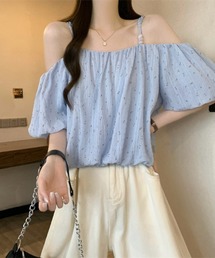 オフショルダーギャザードットブラウス
