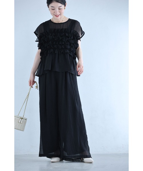 cawaii(カワイイ)の「(黒)シアーフリルブラウスとワイドパンツ2点セット【set】(Tシャツ/カットソー・レディース・ブラック・FREE)」の16枚目の写真