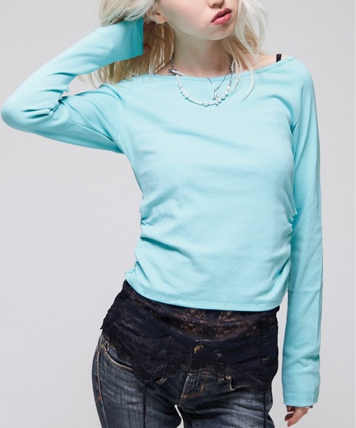 sloppy(スロッピー)の「【WEB限定】【SLOPPY】バックオープンギャザートップス(Tシャツ/カットソー・レディース・スカイブルー/パープル/オフホワイト/ブラック/ブラウン・FREE)」の4枚目の写真