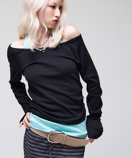 sloppy(スロッピー)の「【WEB限定】【SLOPPY】バックオープンギャザートップス(Tシャツ/カットソー・レディース・スカイブルー/パープル/オフホワイト/ブラック/ブラウン・FREE)」の3枚目の写真