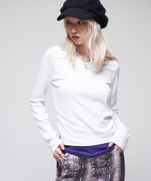 sloppy(スロッピー)の「【WEB限定】【SLOPPY】バックオープンギャザートップス(Tシャツ/カットソー・レディース・スカイブルー/パープル/オフホワイト/ブラック/ブラウン・FREE)」の6枚目の写真