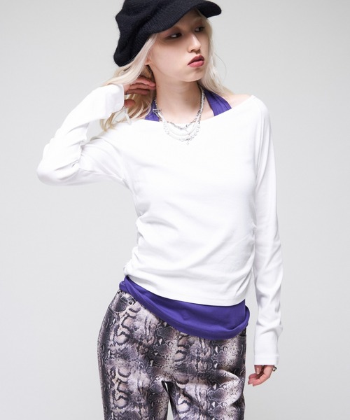 sloppy(スロッピー)の「【WEB限定】【SLOPPY】バックオープンギャザートップス(Tシャツ/カットソー・レディース・スカイブルー/パープル/オフホワイト/ブラック/ブラウン・FREE)」の7枚目の写真