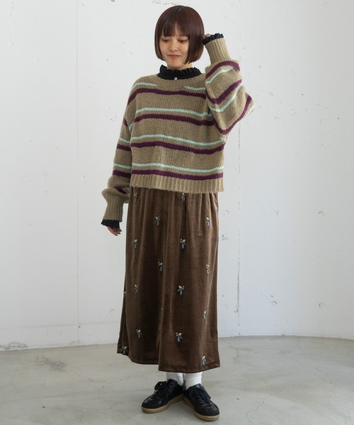 POU DOU DOU(プードゥドゥ)の「ベロアフラワー刺繍スカート(スカート・レディース・ブラウン/ダークグレー・3)」の19枚目の写真