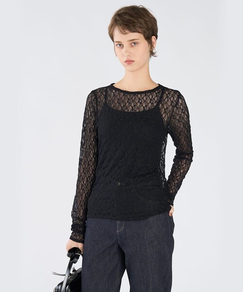 To b. by agnes b.(トゥービーバイアニエスベー)の「レース 長袖 プルオーバー(Tシャツ/カットソー・レディース・ブラック・38)」の1枚目の写真
