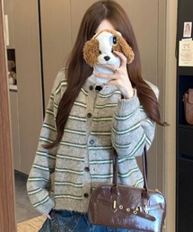 ふわもこストライプニットカーディガン