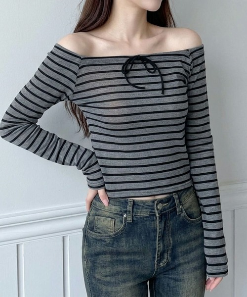 Jasmine Grandiflorum(ジャスミングランディフローラム)の「【Jasmine】ボーダー柄リボンオフショルトップス(Tシャツ/カットソー・レディース・グレー・FREE)」の6枚目の写真