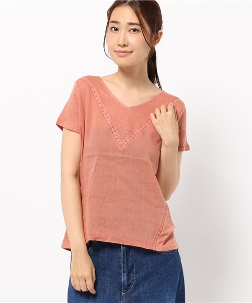 NATURAL BEAUTY BASIC（ナチュラルビューティーベーシック）の「リネン天竺×布帛プルオーバー（Tシャツ/カットソー・レディース・ホワイト系その他/オレンジ系その他/ブラック・MEDIUM）」の3枚目の写真