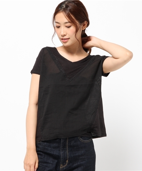 NATURAL BEAUTY BASIC（ナチュラルビューティーベーシック）の「リネン天竺×布帛プルオーバー（Tシャツ/カットソー・レディース・ホワイト系その他/オレンジ系その他/ブラック・MEDIUM）」の2枚目の写真