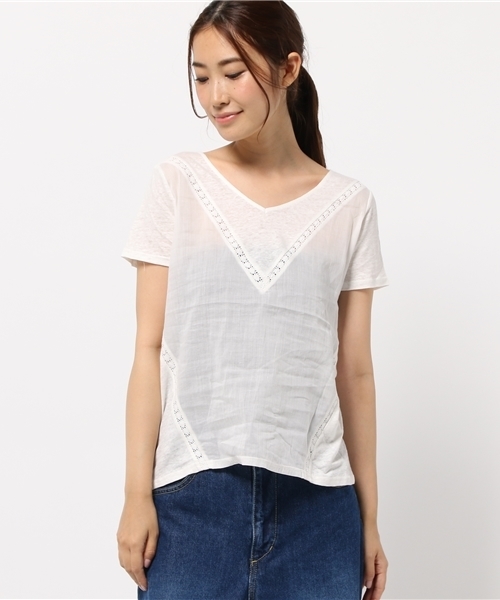 NATURAL BEAUTY BASIC（ナチュラルビューティーベーシック）の「リネン天竺×布帛プルオーバー（Tシャツ/カットソー・レディース・ホワイト系その他/オレンジ系その他/ブラック・MEDIUM）」の4枚目の写真