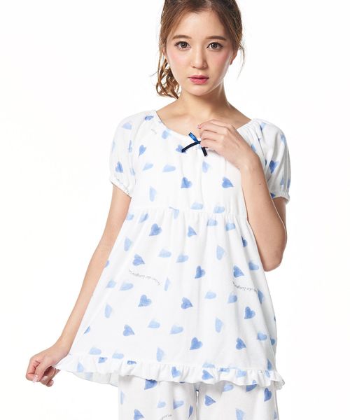 fran de lingerie（フランデランジェリー）の「Pile heart パイルシリーズ（ハート柄） カップ付きセットアップ（ルームウェア/パジャマ・レディース・ブルー/ピンク/レッド・M-L）」の2枚目の写真