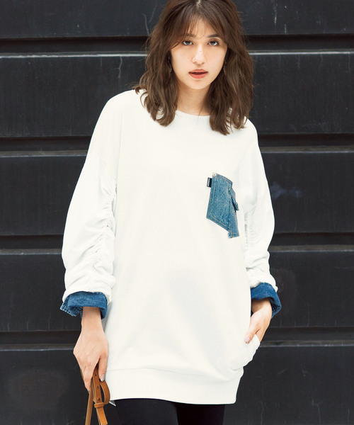 GeeRA(ジーラ)の「デニムレイヤード風裏毛チュニックワンピ(Tシャツ/カットソー・レディース・ホワイト/グレー・MEDIUM/LARGE/X-LARGE)」の1枚目の写真