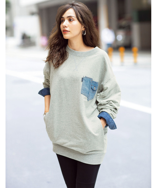 GeeRA(ジーラ)の「デニムレイヤード風裏毛チュニックワンピ(Tシャツ/カットソー・レディース・ホワイト/グレー・MEDIUM/LARGE/X-LARGE)」の9枚目の写真