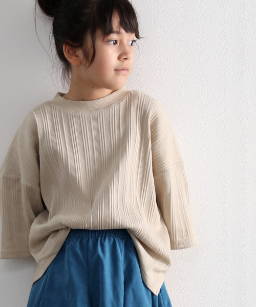 classicalelf(クラシカルエルフ)の「キッズ ランダムリブ ミドル丈無地クルーネックビッグTシャツ(半袖)(Tシャツ/カットソー・キッズ・ベージュ/ブラック/ホワイト・150/140/130)」の1枚目の写真