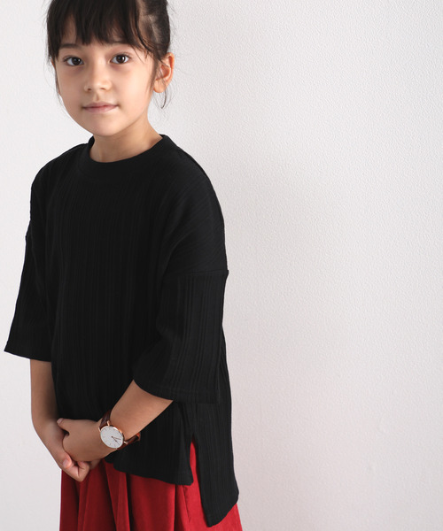 classicalelf(クラシカルエルフ)の「キッズ ランダムリブ ミドル丈無地クルーネックビッグTシャツ(半袖)(Tシャツ/カットソー・キッズ・ベージュ/ブラック/ホワイト・150/140/130)」の3枚目の写真