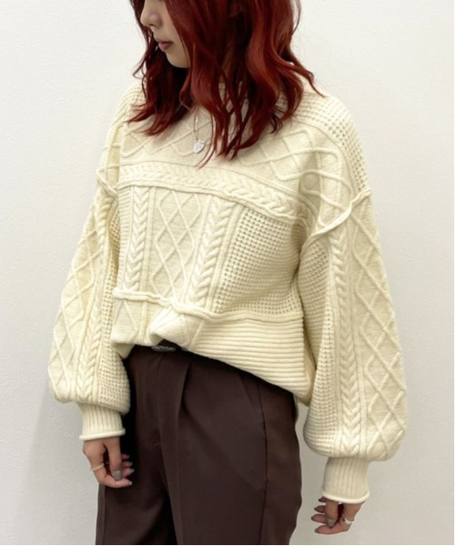 apres jour mignon(アプレジュールミニョン)の「ケーブルパッチワークニット【ZOZOTOWN限定アイテム】(ニット/セーター・レディース・ブラック/アイボリー/グリーン系その他/グレイッシュベージュ・X-LARGE/フリー)」の6枚目の写真