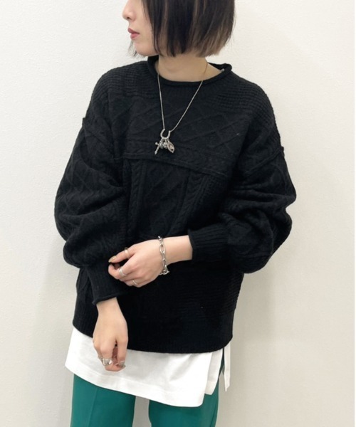 apres jour mignon(アプレジュールミニョン)の「ケーブルパッチワークニット【ZOZOTOWN限定アイテム】(ニット/セーター・レディース・ブラック/アイボリー/グリーン系その他/グレイッシュベージュ・X-LARGE/フリー)」の13枚目の写真