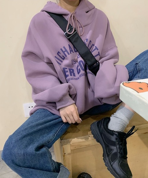 DEVICE（デバイス）の「韓国風 フリース オーバーサイズ カレッジロゴ ルーズパーカー（パーカー・メンズ・パープル/グレー/グリーン・FREE）」の3枚目の写真