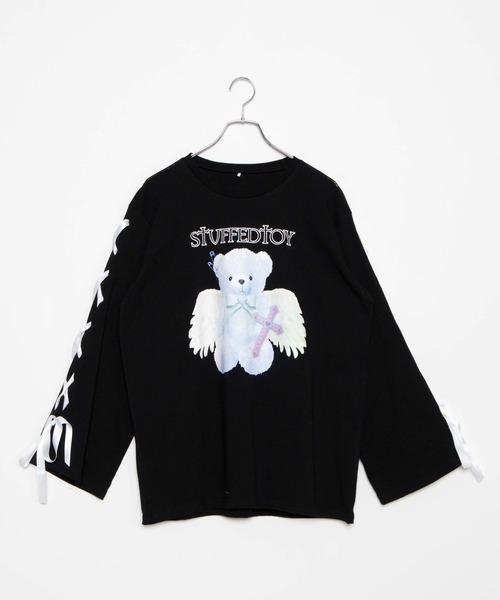 WEGO（ウィゴー）の「WEGO/レースアップスリーブクマロンT（Tシャツ/カットソー・レディース・ブラック/ブラック系その他・FREE）」の2枚目の写真